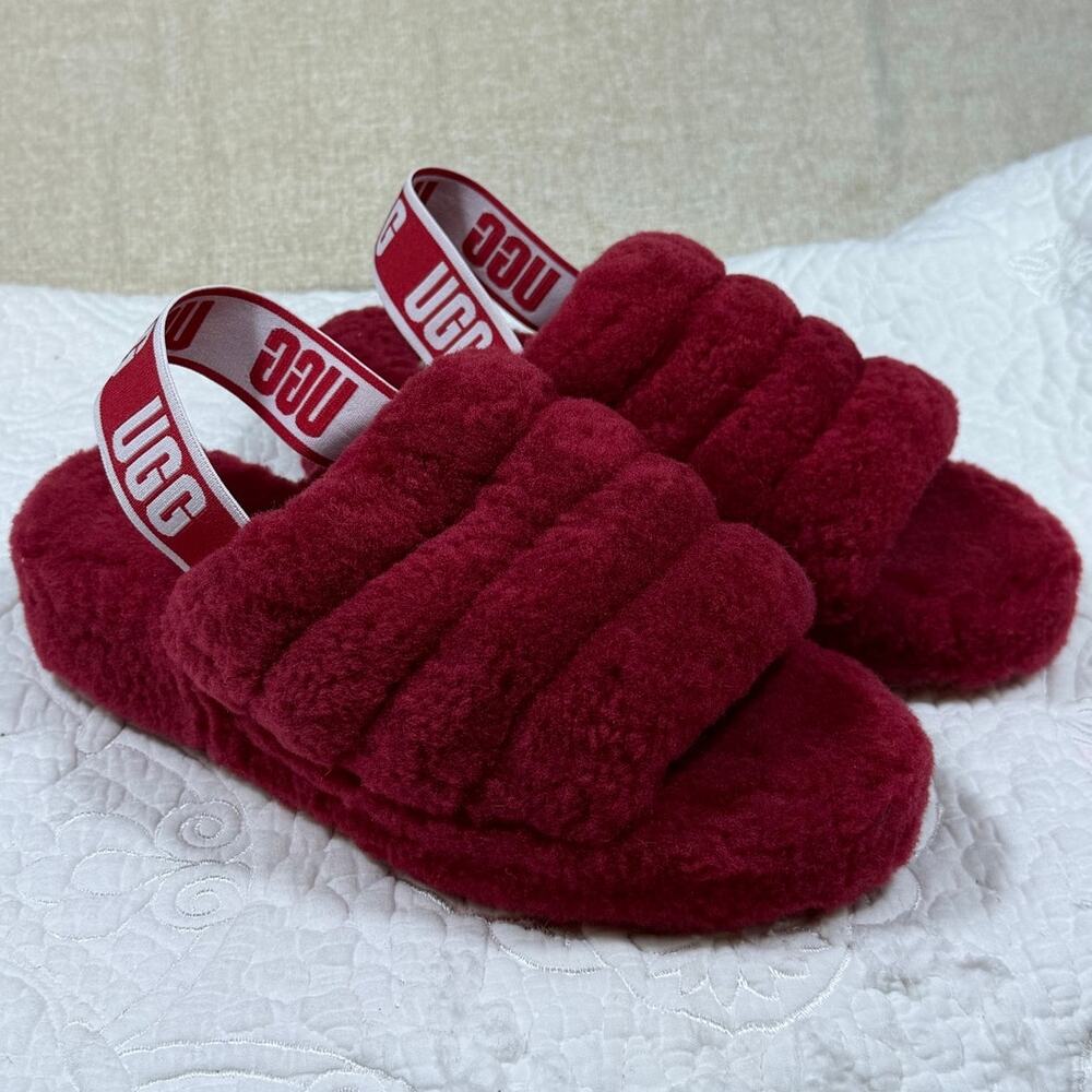 UGG Women's 7 Red Fluff Yeah Rock Shearling Slingback Slippers Sandals Casual